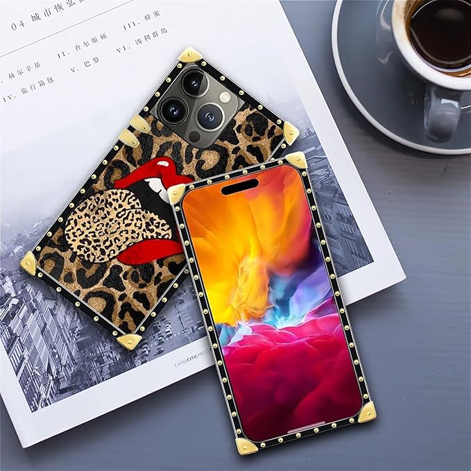 Compatible with iPhone 15 Pro Max Case, Brown Leopard Print Mouth Luxury Golden Decoration for Girl Women Soft TPU Shockproof Protective Hard PC Back for iPhone 15 Pro Max