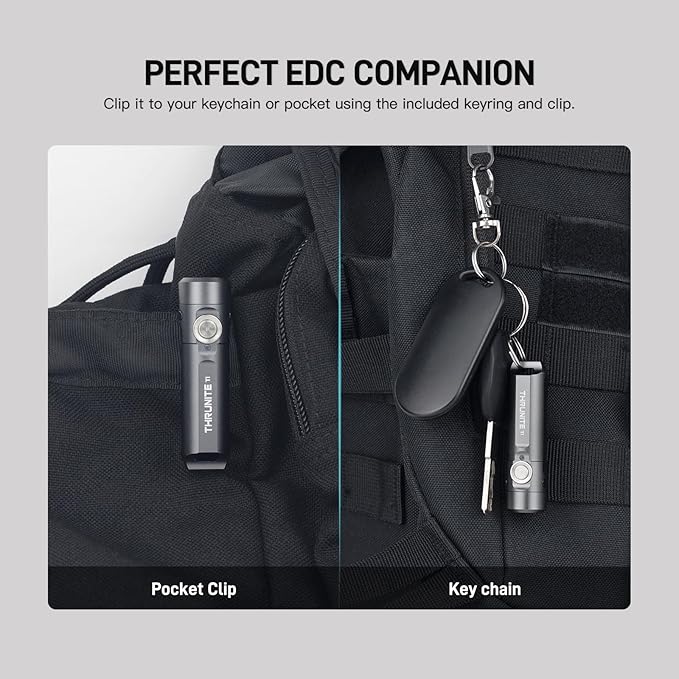 ThruNite Ti Keychain Flashlight, Bright 650 Lumens LED Portable Light, Compact USB-C Rechargeable Battery Mini Flash Light, Small EDC Pocket Torch Light for Camping, Everyday Carry, Grey (2PCS)