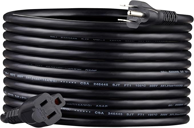 Amazon Basics Extension Cord, 20 Ft, 3 Prong Outlet Extender, Indoor, 13 Amps, 125V, 16 AWG, Black