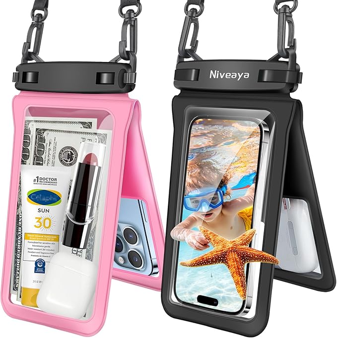 Niveaya Double Space Waterproof Phone Pouch - 2 Pack, Waterproof Phone Lanyard Case with iPhone 17/16/15/14/13 Pro Max up to 8.3", Phone Dry Bags for Vacation Beach Pool Kayak Cruise Travel Essentials
