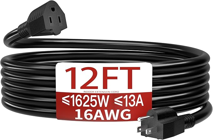 16/3 Indoor Extension Cord 12 FT, Black Extension Cord Flexible & Durable, 3 Prong Power Cable, Suitable for Home and Office, 13 Amp 1625 Watt 125VAC 16AWG, ETL Listed
