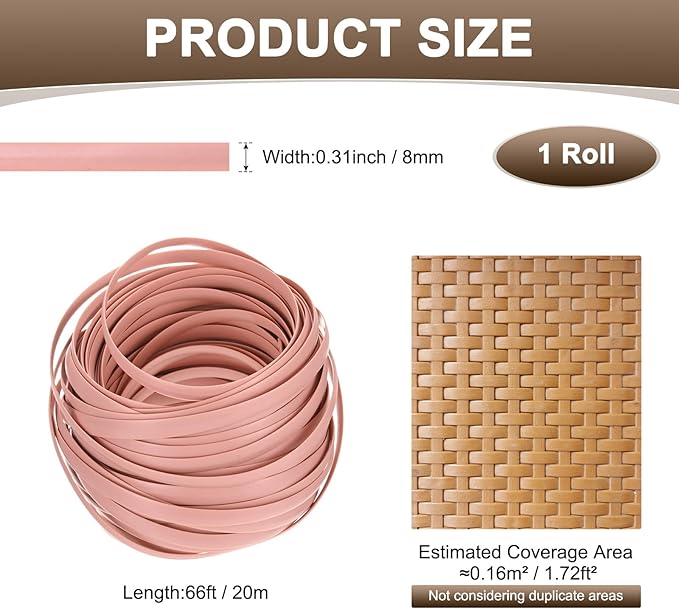 M METERXITY 1-Pack Wicker Repair Kit, 8mm x 66ft/20m Plastic Flat Rattan Replacement Supplies for Patio Furniture Repair/Basket Making/Chair Weaving, Synthetic Woven Rattan [Pink]