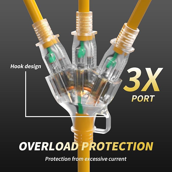 PlugSaf 3 FT 12/3 Gauge Outdoor Extension Cord with Multiple Outlets Light Indicator, Flexible 3 Outlet Weatherproof Heavy Duty Extension Cord Waterproof Yellow, 15A 1875W 12AWG SJTW, ETL Listed