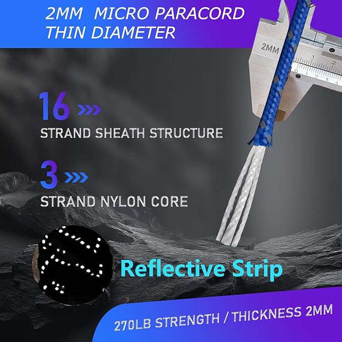 Paracordland-270LB Parachute Cord -164FT-2mm Micro Paracord-Utility Cord Thin Braided Best for Military & Camping Survival Bracelet DIY Projects Fishing Lanyards -Reflective-Blue