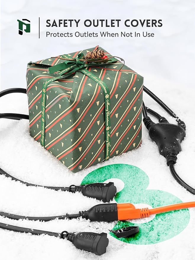 PLUGTUL Outdoor Extension Cord with Multiple Outlets, 1 to 3 Splitter Max 1.5FT End to Male Plug (Total 2.8FT) 16/3 SJTW Waterproof Power Cord for Indoor Outdoor Halloween Christmas, ETL Listed, Black