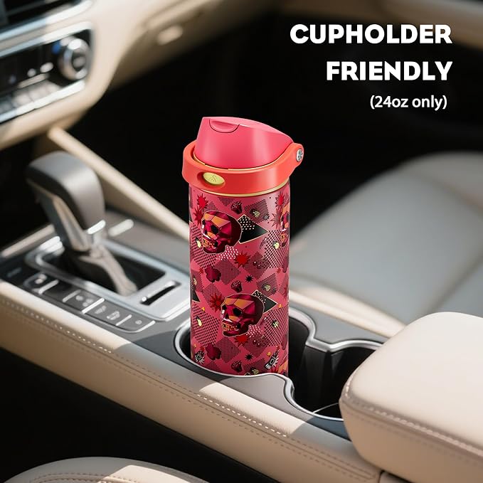 POWCAN 24 oz Insulated Skull Water Bottle: 2-in-1 Lid with Push-Button Spout & Quick-Flip Straw, Leakproof, Car Cupholder Friendly, Stainless Steel for Gym, Travel, Camping (Candy Vandal)