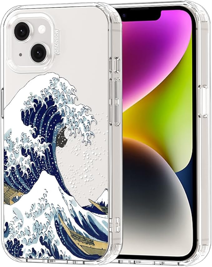 MOSNOVO for iPhone 13/14 Case | Military Grade 6.6ft Drop Tested | Clear with Great Wave Design