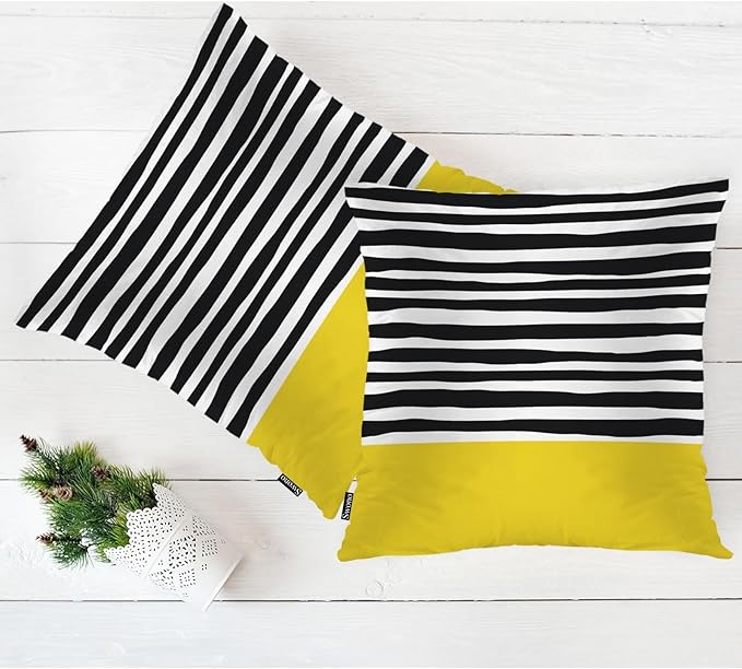 Swono Abstract Black Yellow Home Decorative Throw Pillows Covers 18"X18" Set of 2 Outdoor Pillowcase for Livingroom Bedroom, Modern Black Stripes Yellow Block Boho Pillow Cushion Covers for Man Woman