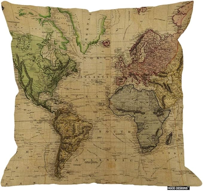 HGOD DESIGNS Cotton Linen Decorative Throw Pillow Case Cushion Cover Vintage Map of The World 18" X 18"
