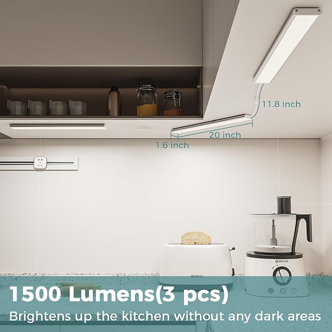 ASOKO Under Cabinet Led Light Plug in, Dimmable Daylight White 4000K, 3 Pack 12 inch Linkable Under Counter Lights 1500lm for Kitchen, Shelf, Workbench, Cupboard, Upgrade ETL Listed Plug 24V