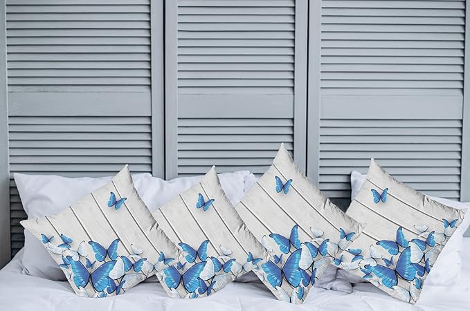 Ambesonne Butterflies Throw Pillow Cushion Case Pack of 4, Blue and White Butterflies on Wooden Background Timber Wall Rustic Life, Modern Accent Double-Sided Digital Printing, 18", Grey White