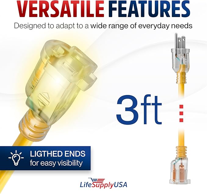 3ft Outdoor/Indoor Extension Cord 10/3 Gauge Ultra Heavy Duty 3 Prong SJTW, Waterproof, Flexible Cold-Resistant Long Power Cord,15A 125V 1875W, Yellow by LifeSupplyUSA