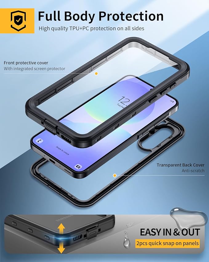 Lanhiem for Samsung Galaxy A37 A36 Phone Case, IP68 Waterproof Dustproof, Built-in Screen Protector, Rugged Full Body Shockproof Protective Cover for Samsung A36 A37 5G 6.7", Black