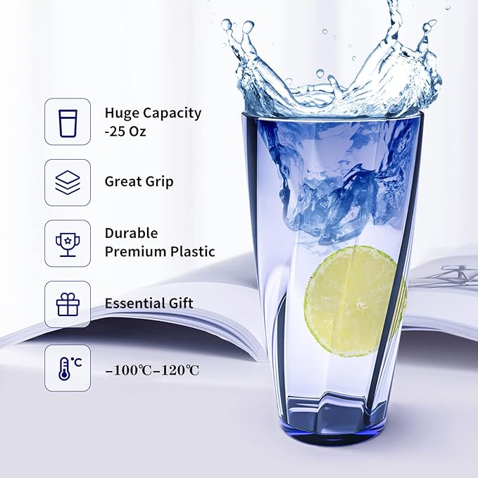 Unbreakable Plastic Cups Plastic Highball Drinking Glasses Tumbler, Large Water Tumbler Set (Set Of 6, 25 Oz) Dishwasher Safe (New Blue)