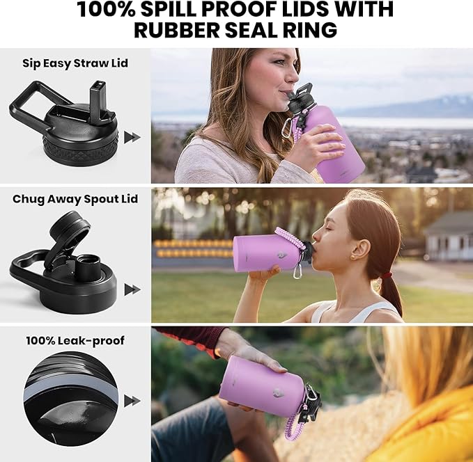 RAYMYLO Insulated Water Bottle 64 oz, Triple Wall Vacuum Stainless Steel (Cold for 48 Hrs), Leak Proof & Non-BPA, Half Gallon Water Flask Jug with Paracord Handle & Straw Spout Lids, Lilac