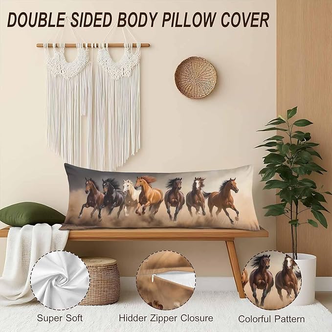 20x54 Body Pillow Cover Horse Zipper Body Pillowcase Western Stallion Horses Side Sleeper Pillow Covers Body Pillow Cushion Cover for Men Women Home Bedroom