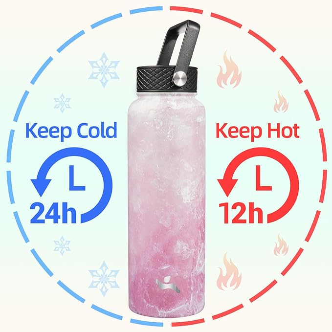Konokyo 40oz Insulated Water Bottle Stainless Steel Sport Bottles with 3 Lids,Marble Blossom