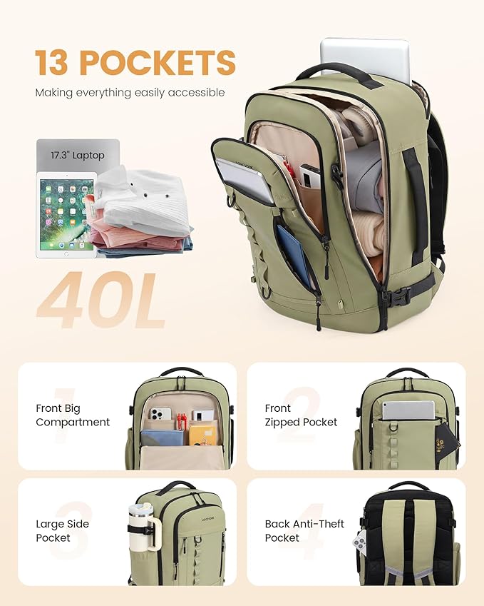 LOVEVOOK 40L Travel Backpack for Men Women, Waterproof Carry On Backpack for Work & Travel, Flight Approved Personal Item with 3 Packing Cubes, TSA Bag Fits 17.3" Laptop,Greyish green