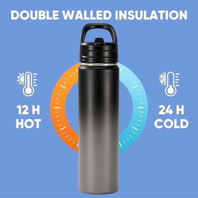 Fijinhom 24oz Insulated Stainless Steel Water Bottle with Straws, Double Wall Vacuum Insulated Bottles, Metal Thermo for Travel, Sports, Leak-Proof, BPA Free, Women & Men, Grey Gradient