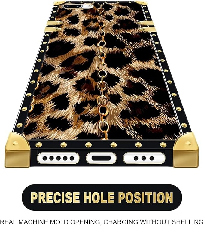 Compatible with iPhone 8 7 SE Case, Seamless Gold Chain Leopard Luxury Golden Decoration for Girl Women Soft TPU Shockproof Protective Hard PC Back for iPhone 8 7 SE