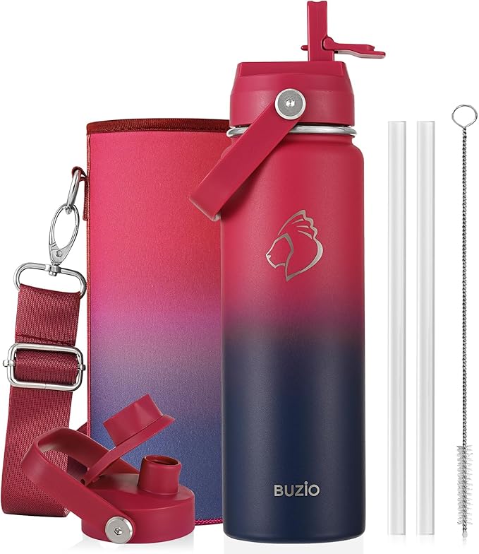 BUZIO 24 oz Insulated Water Bottle, Stainless Steel Wide Mouth Water Flask with Straw Lid, Cold for 48 Hrs Leak Proof Metal Hydro Thermo Canteen Mug, Red Navy