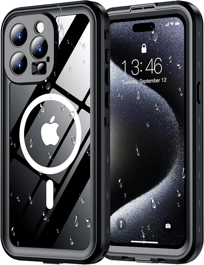 Red2Fire for iPhone 15 Pro Case Waterproof, [Built-in Screen Protector & Camera Protector][Compatible with MagSafe][Full Body Shockproof][IP68 Waterproof][Dustproof] Phone Case 6.1" Black/Clear