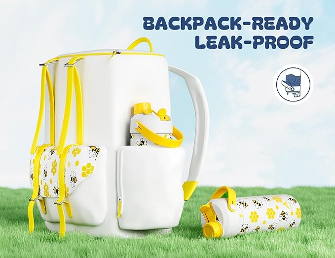 POWCAN 2 Pack 18 oz Kids Insulated Water Bottle for School: Leakproof, 2-in-1 Straw Spout Lid, BPA-Free, Keep Cold 24 Hrs, Stainless Steel Cup for Sports, Travel, Gift (Sweetheart Bow & Sweet Hive)