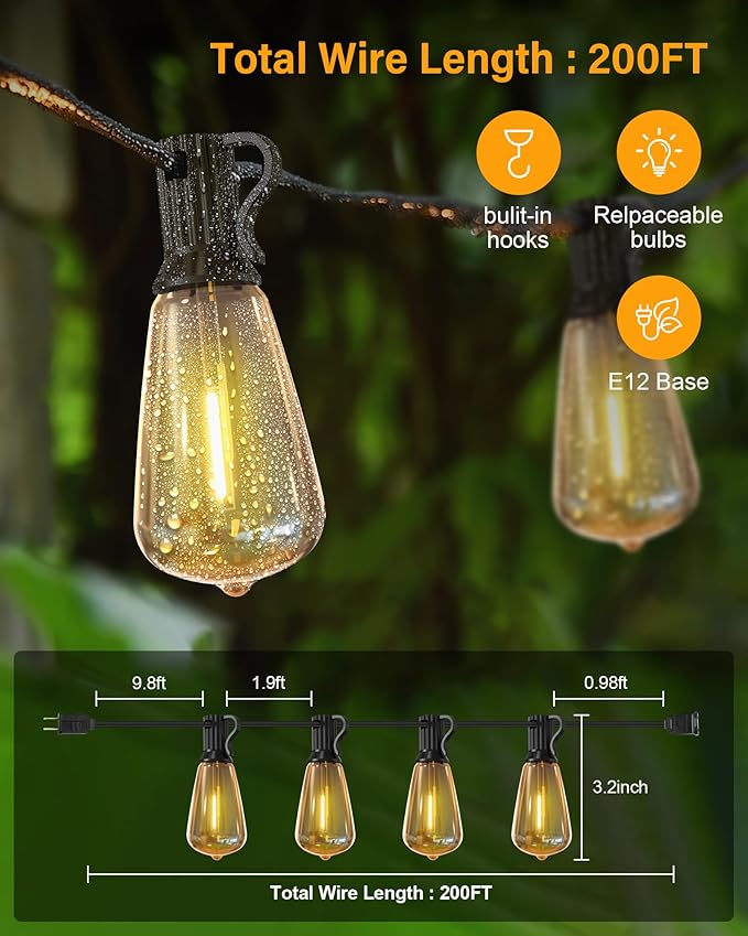 Doukedge 200FT LED Outdoor String Lights, 2700K LED Patio Lights Outdoor Waterproof with 100+4 Shatterproof Vintage Bulbs, Plug in Hanging Light for Porch, Backyard, Garden, Gazebo