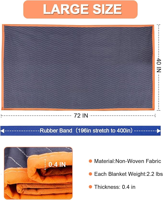 6 Moving Blankets 72x40in with 3 Elastic Rubber Band (196in Extendable to 400in) – Durable Quilted Moving Blanket-Heavy Duty Shipping Blankets (Total Weight 13.2 lbs,Black/Blue)