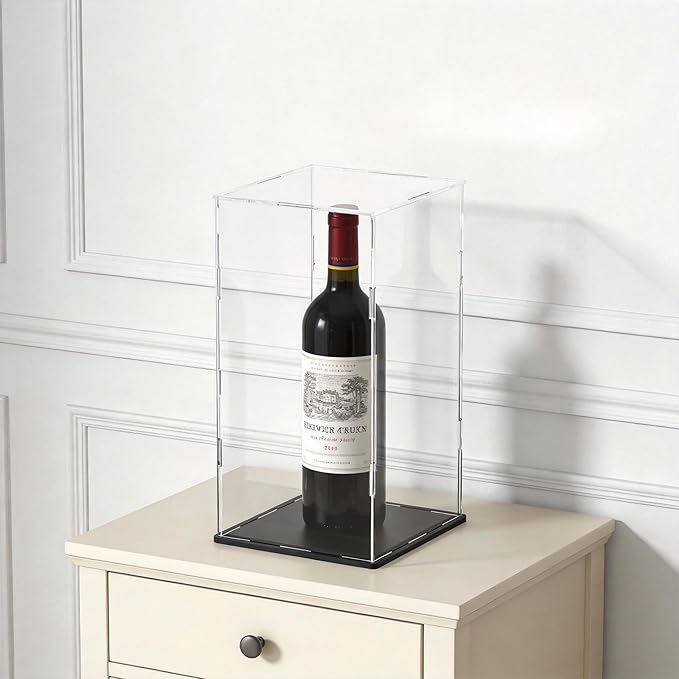 SVENJBB Display Case for Red Vine Bottle, Acrylic Box for Trophy and Toy Figures, Clear Acrylic Display Cases with Matte Black Base for Collection Protection and Storage, 5x5x14 inch