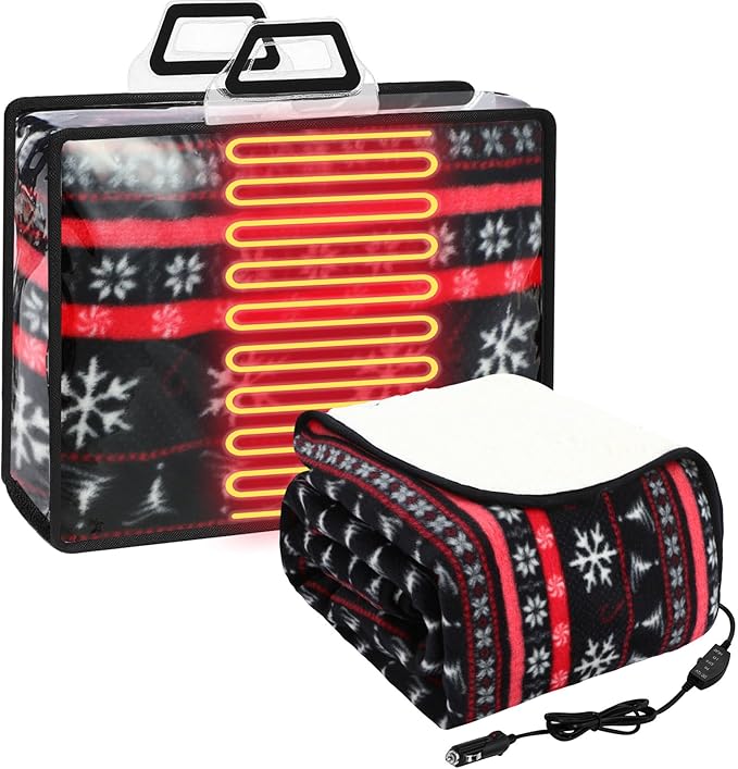 Riakrum 12V Car Heated Blanket for Cold with 2 or 3 Heating Levels 58 x 43 Emergency Winter Adjustable Temperature Electric Blanket Throw Gift Plugs in Car RV Truck SUV(Warm Color,Snowflake)