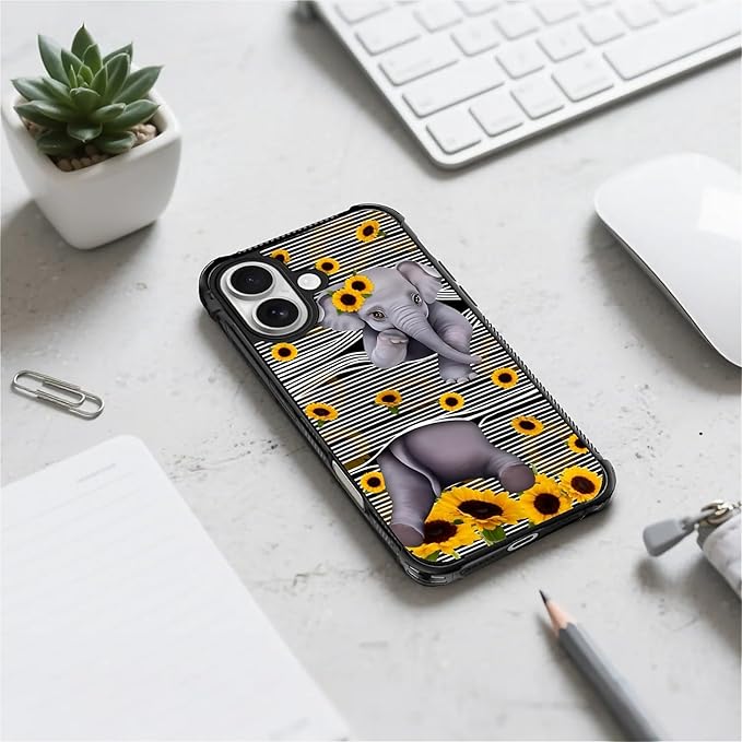 for iPhone 17 Case,for MagSafe Graphic Design for Girl Boy Soft Silicone Hard Acrylic Shock Protection Designed for iPhone 17 Cute Little Elephant Sunflower White Line Art Pattern