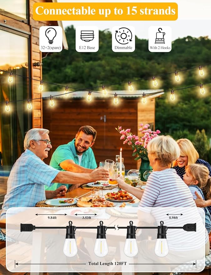 Brightever 120FT Outdoor String Lights Waterproof, LED Patio Lights with 34 S14 Shatterproof Bulbs(2 Spare), 2700K Outside Connectable Hanging Decorative Lights for Cafe, Bistro, Party, Birthday