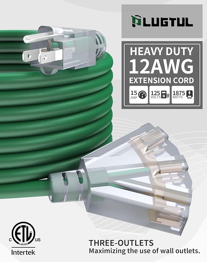 50Ft 12/3 Outdoor Extension Cord with 3-Outlets, Heavy Duty 12 Gauge 3 Prong Extension Cord Waterproof with Lighted end, 15A 12AWG 1875W SJTW, ETL Listed - Great for Garage, Garden and Home, Green