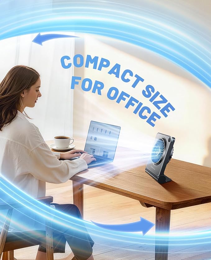 Small Desk Fan, Quiet Portable Table Fan with 100 Speeds, 12 Hrs Cooling, Strong Airflow, Digital Display, 180° Adjustable, Rechargeable Desktop Fan for Bedroom Office Cruise Travel, Black