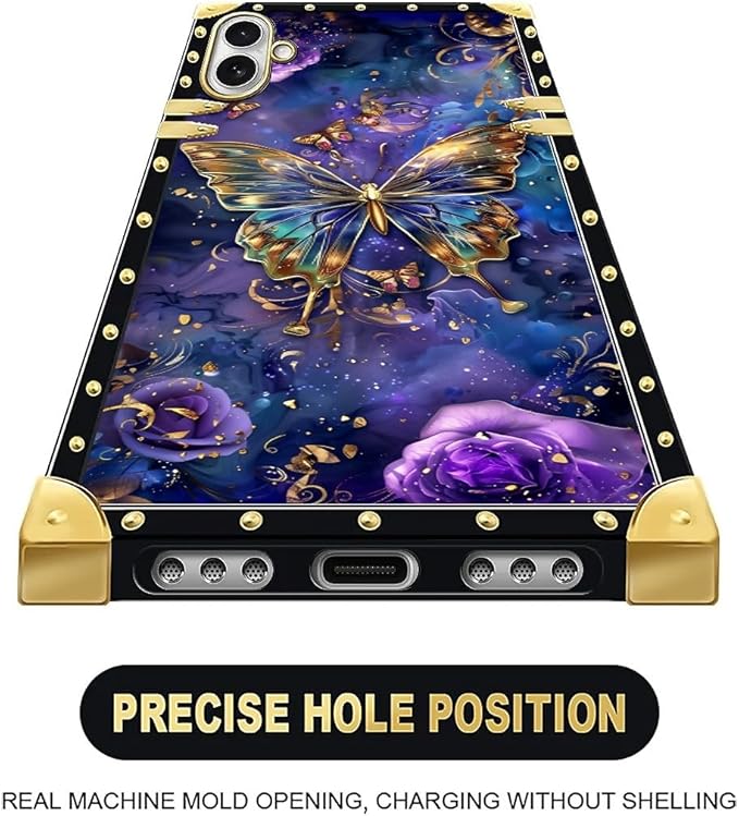 for iPhone 17 Case Luxury Golden Decoration for Girl Women Soft TPU Shockproof Protective Hard PC Back for iPhone 17 Crazy Pattern Glistening Golden Butterfly Vibrant Purple Blue