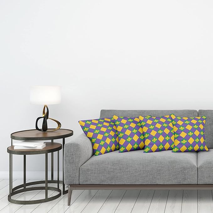 Ambesonne New Orleans Throw Pillow Cushion Case Pack of 4, Mardi Gras Themed Rhombuses with Fleur De Lis Motifs Classic Geometry, Modern Accent Double-Sided Digital Printing, 20", Violet Yellow