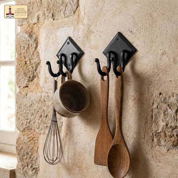 Mystic Colonial Rustic Hand Forged Iron Wall Hook with Two Hangers: Ideal for Victorian, Colonial, Retro, Steampunk, Gothic, and Baroque Settings 8.8 cm Black Pack of 1