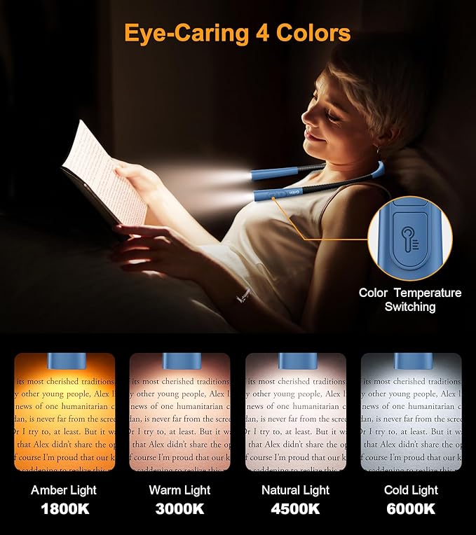 Gritin Book Light, Eye Caring 4-Color & 5-Brightness Neck Light Reading Light- Stepless Dimming,30-min Timer,80+ Hrs Runtime,Bendable Round Neck Design, Lightweight for Reading-Porcelain Blue