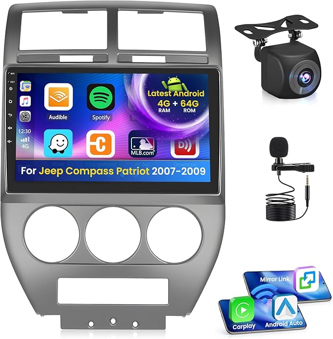 Inefala 4+64G Radio for Jeep Compass Patriot 2007 2008 2009 Android 15 CarPlay Stereo IPS 10.1" Touchscreen Android Auto Bluetooth 5.0 GPS EQ 13UI Backup Camera