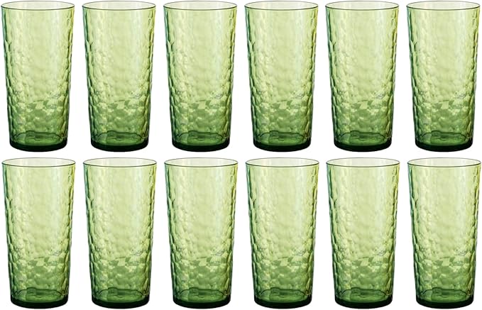 24-ounce Plastic Tumblers, Acrylic Drinking Glasses High-Balls, set of 12 Green, Reusable Plastic Cups, Hammered Style Stackable, BPA-Free, Shatter-Proof, Dishwasher-Safe