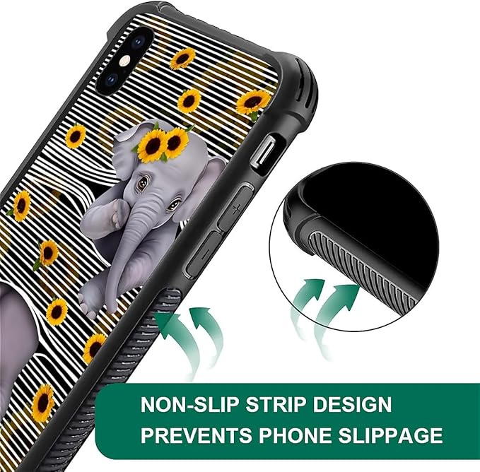 for iPhone Xs Max Case, Cute Little Elephant Sunflower White Line Art Pattern Graphic Design Girl Boy Soft Silicone Hard Acrylic Shock Protection for iPhone Xs Max