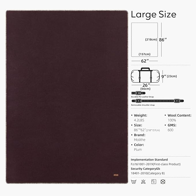 Molithe 100% Wool Blanket, 62" x 86", Warm, Thick, Washable, Military Wool Blanket, Great for Camping, Outdoors, Sporting Events, Survival Kits, Plum
