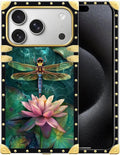 for iPhone 17 Pro Max Case Luxury Golden Decoration for Girl Women Soft TPU Shockproof Protective Hard PC Back for iPhone 17 Pro Max Crazy Pattern Colourful Dragonfly Pink Lily Pads
