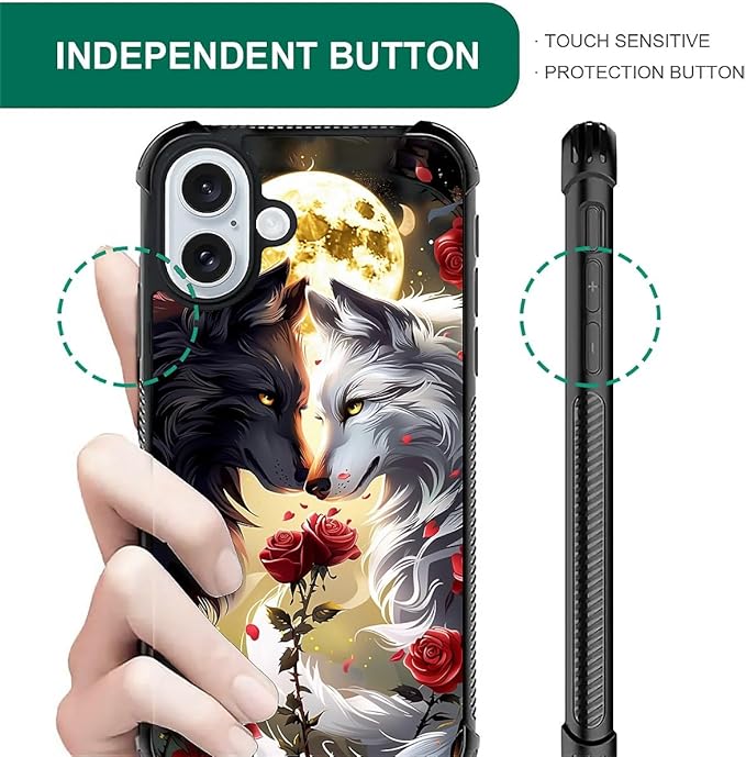 for iPhone 16 Plus Case, Black White Wolf Moon Flower Rose Pattern Graphic Design Girl Boy Soft Silicone Hard Acrylic Shock Protection for iPhone 16 Plus