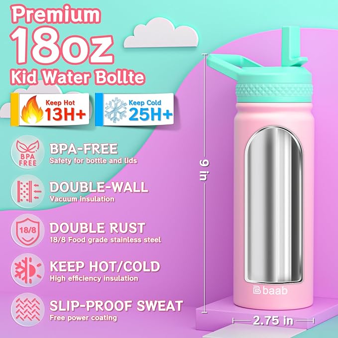 baab 18oz Kids Water Bottle, Insulated Water Bottle with Straw & Stickers, 18/8 Stainless Steel Vacuum Leakproof Kids Water Straw Cup for School, Perfect for Boy Girl (Pink, 1 Pack)