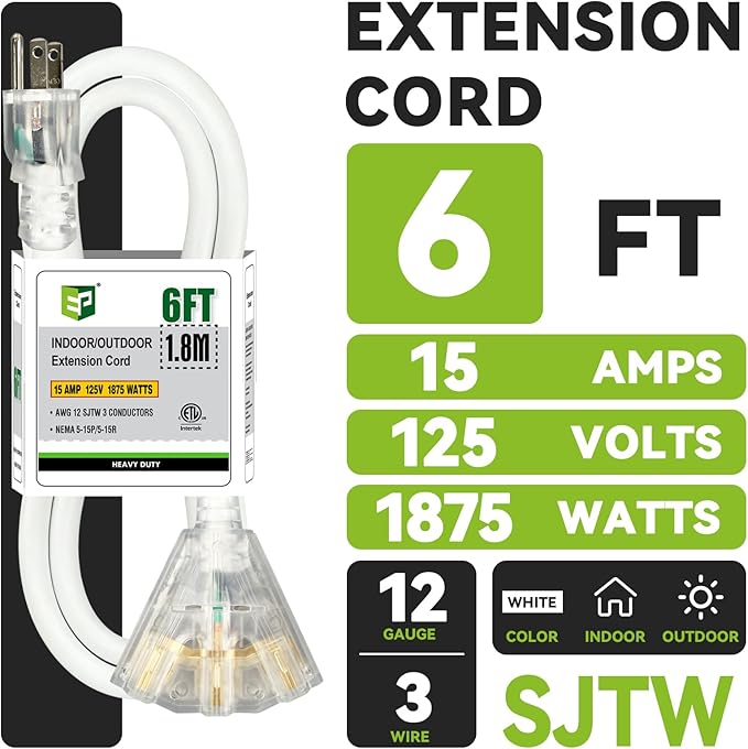 EP 3FT 12 Gauge Heavy Duty Extension Cord, 15A 125V 1875W, 3 Outlet Indoor/Outdoor Power Cord with Lighted End, 12/3 SJTW Weatherproof White, ETL Listed