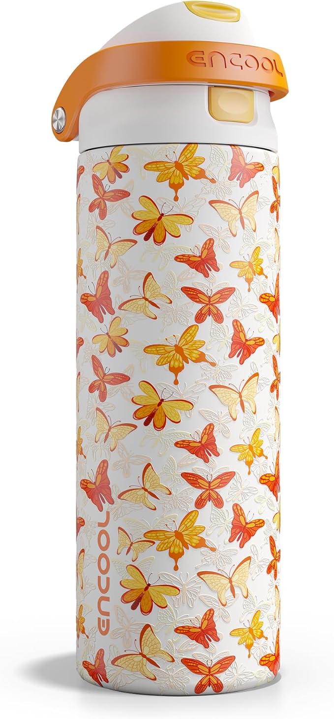 ENCOOL Leakproof Insulated Water Bottle with Straw Dual-Sip Water Bottle Bag-Safe Design for Work, Commute & Gym – Keeps Drinks Cold All Day, 24 oz, Sunset Butterflies