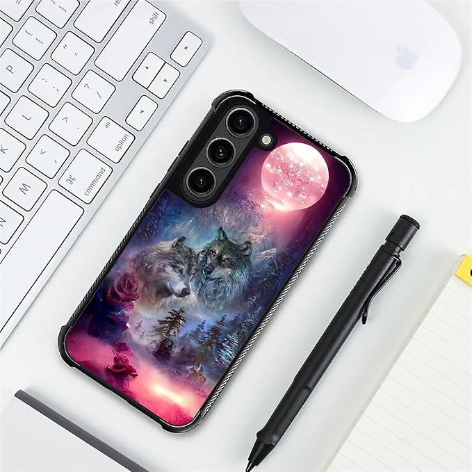 for Samsung Galaxy S23 Case, Star Two Wolfs Howling Pattern Graphic Design Girl Boy Soft Silicone Hard Acrylic Shock Protection for Samsung Galaxy S23