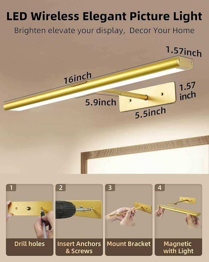 EZVALO Picture Light for Wall, 4800mAh Rechargeable Wireless Remote, Dimmable Magnetic LED Art Display Light with 3 Color Temperatures, for Gallery, Living Room, Bedroom, Hallway (Gold-2Pack)